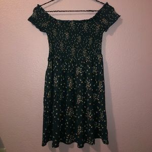 Deep Teal Floral Off the Shoulder Dress